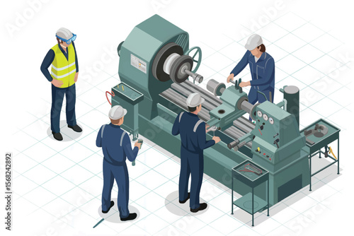 Three male factory workers in uniform and safety gear operating a large industrial lathe machine in a workshop isolated on white background