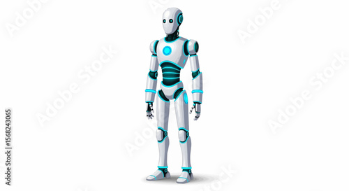 A futuristic white robot with blue accents stands on a white background in a full body shot