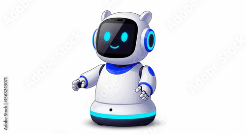 A cute white robot with bear ears and a smiling face on its screen standing on a white background
