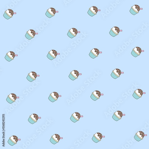 A seamless pattern featuring cartoon-style chocolate ice cream cups with whipped cream, sprinkles, and a straw, set against a light blue background. Perfect for dessert-themed designs, children's prod