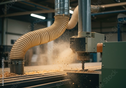 Industrial Dust Collection System in Action Sucking Sawdust from Woodworking Process. Clean Workshop Environment.