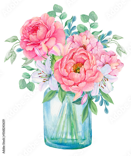 Delicate Watercolor Bouquet of Flowers in a Vase. Botanical Hand Drawn Illustration for Cards, Posters, Invitations and Romantic Designs