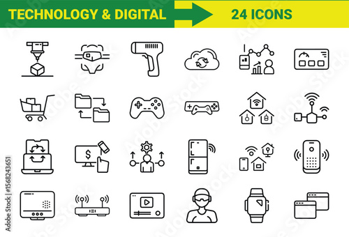 Modern technology and digital lifestyle icons displaying smart home entertainment and online shopping elements