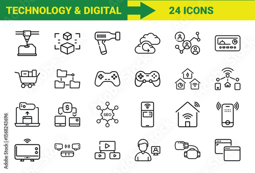 Collection of twenty four modern technology and digital icons depicting various concepts in a line art style
