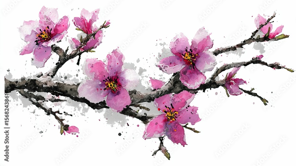 Fototapeta premium Watercolor blossoms branch pink flowers on gray branch, on white backdrop