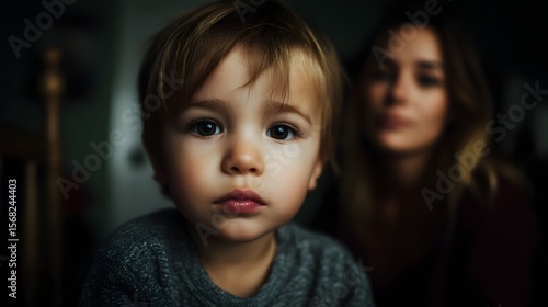 Pensive boy with attentive mother in cozy home setting