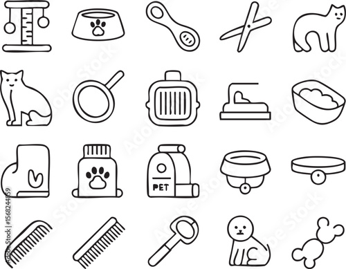 Pet Care Supplies Icons of Cat and Dog Accessories, Grooming Tools, and Feeding Essentials