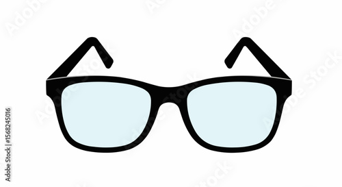 Illustration of black framed glasses with light blue lenses on a white background showing both temples