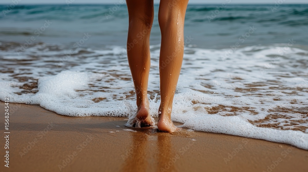 Woman Walking Barefoot on Sandy Beach with Gentle Waves and Scenic Ocean View Woman Walking Barefoot on Sandy Beach with Gentle Waves and Scenic Ocean View