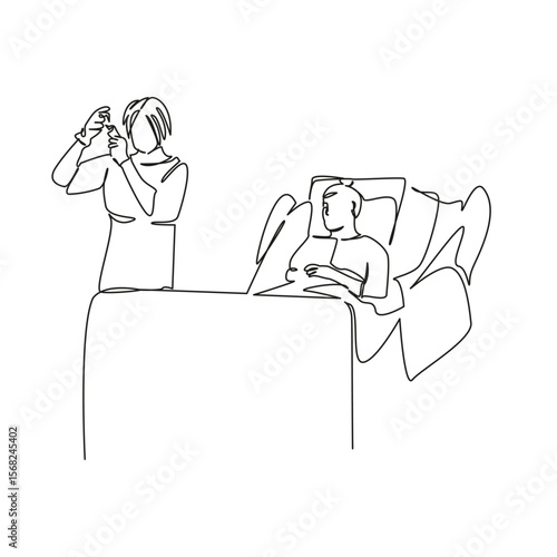 One continuous single drawing line art flat doodle hospital, healthcare and medicine, nurse, doctor, injection, bedridden patient. Isolated image hand draw contour on a white background, hand drawn, n