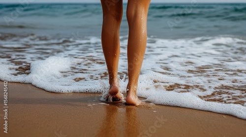 Woman Walking Barefoot on Sandy Beach with Gentle Waves and Scenic Ocean View