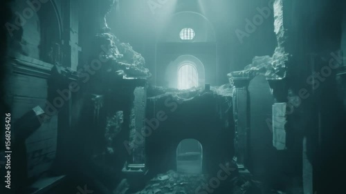 Wallpaper Mural A hauntingly atmospheric interior of a ruined gothic church, with shafts of light piercing the darkness, evoking decay and mystery Torontodigital.ca