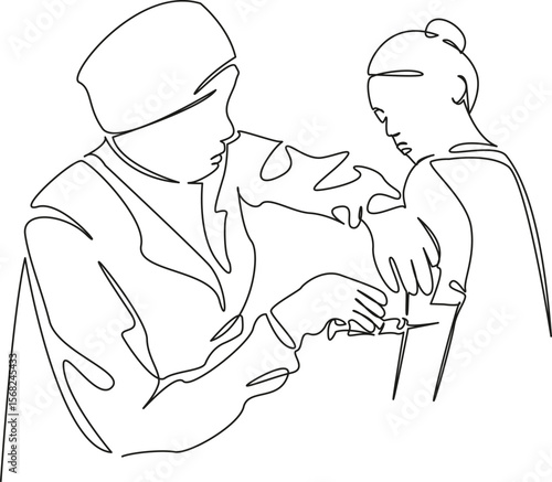 One continuous single drawing line art flat doodle person, doctor, medicine, vaccination, care, syringe, clinic. Isolated image hand draw contour on a white background, hand drawn, not AI