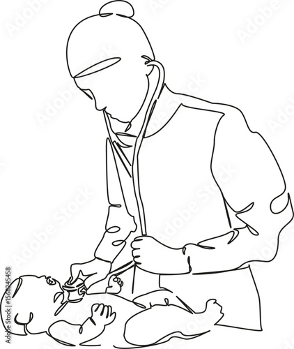 One continuous single drawing line art flat doodle child, doctor, stethoscope, hospital, listening, newborn, care, paediatrician. Isolated image hand draw contour on a white background, hand drawn, no