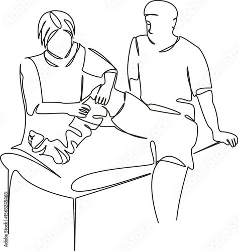 One continuous single drawing line art flat doodle man, leg, care, doctor, bandage, recovery, foot, medicine, gypsum. Isolated image hand draw contour on a white background, hand drawn, not AI
