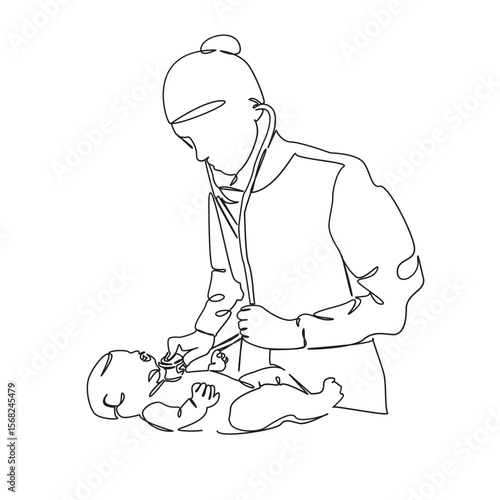 One continuous single drawing line art flat doodle child, doctor, stethoscope, hospital, listening, newborn, care, paediatrician. Isolated image hand draw contour on a white background, hand drawn, no