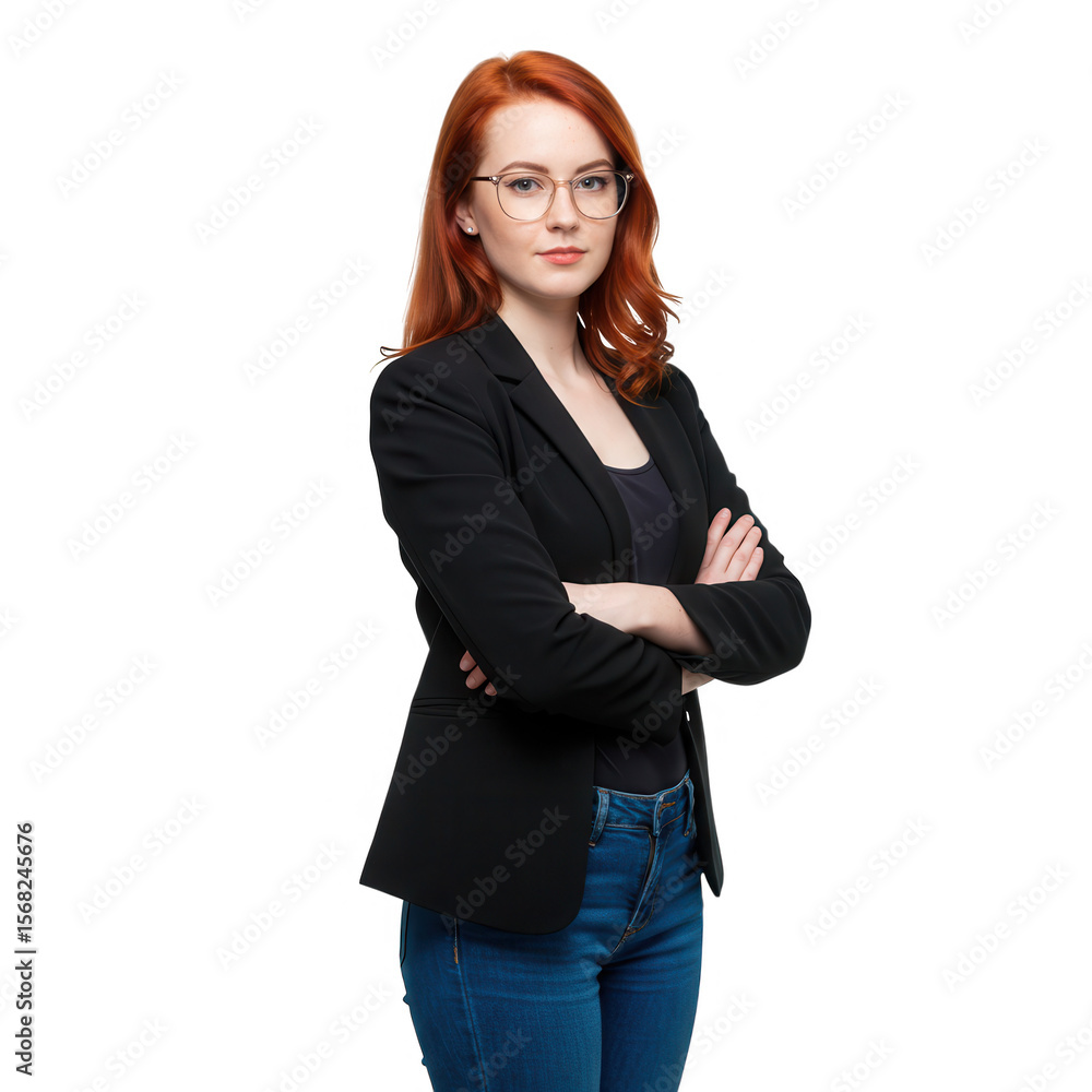 A confident redhead businesswoman with glasses isolated on transparent background A confident redhead businesswoman with glasses isolated on transparent background