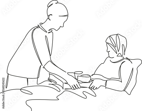 One continuous single drawing line art flat doodle care, woman, food, nurse, patient, service, meal, elderly, hospital. Isolated image hand draw contour on a white background, hand drawn, not AI