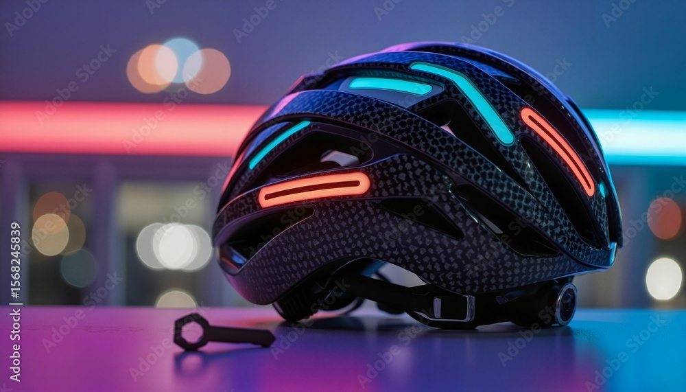 Fototapeta premium Modern bicycle helmet with neon lights on a colorful background 