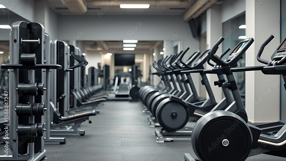 Neatly arranged gym equipment in a clean space with soft lighting and a peaceful atmosphere. Neatly arranged gym equipment in a clean space with soft lighting and a peaceful atmosphere.