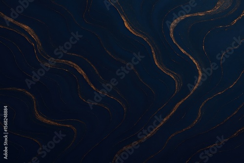 Elegant abstract navy blue background with flowing copper metallic accents
