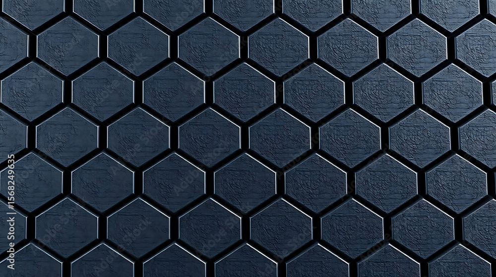 A dark textured background features a geometric hexagonal pattern