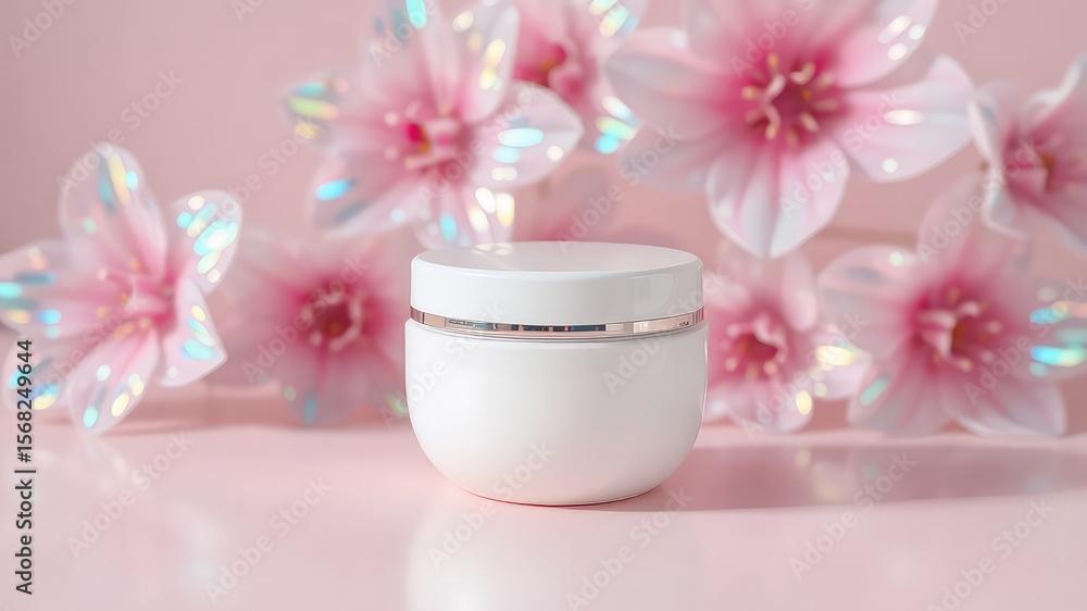 Elegant cosmetic jar on a soft pink surface accented with dreamy flowers that appear to shimmer in the soft light Elegant cosmetic jar on a soft pink surface accented with dreamy flowers that appear to shimmer in the soft light