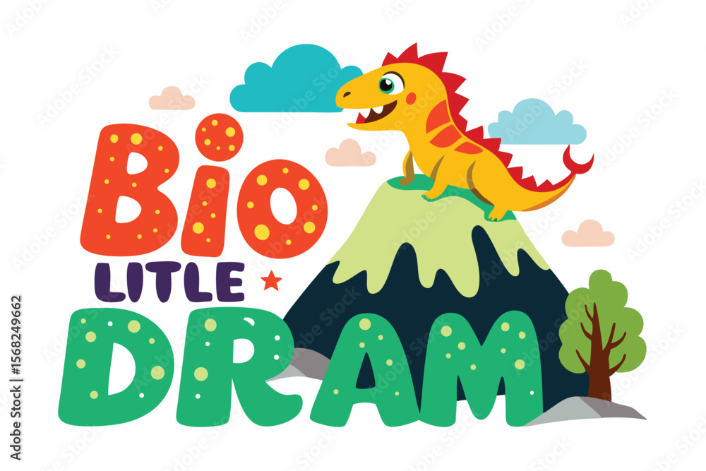 Naklejka premium A cute cartoon vector illustration of a baby animal dragon flying near a funny tree with a flower, bringing nature and fun to art and design