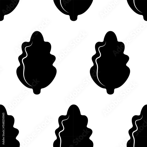 Seamless pattern with a cookie icon in the shape of a leaf. Black cookie icons on a white background. Black and white vector illustration