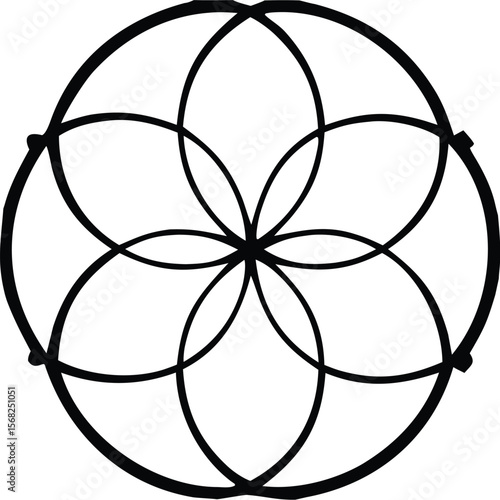 Seed of Life Sacred Geometry Symbol Black and White Circular Mandala Design Graphic Element