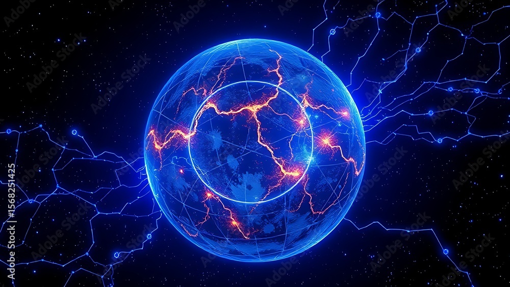 Obraz premium Earth's magnetic field depicted as luminous blue veins, pulsing alongside floating oxygen bubbles.