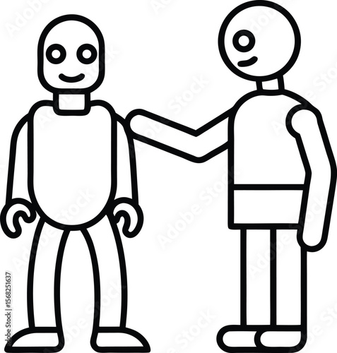 Humanoid Robot and Human Interaction A Line Art Illustration