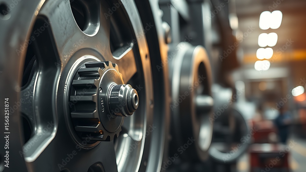 Fototapeta premium Detailed shot of an industrial metal wheel, showcasing mechanical engineering in a workshop setting.