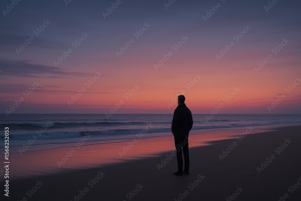 Lone person standing on beach at twilight gazing into ocean in peaceful introspective moment Lone person standing on beach at twilight gazing into ocean in peaceful introspective moment