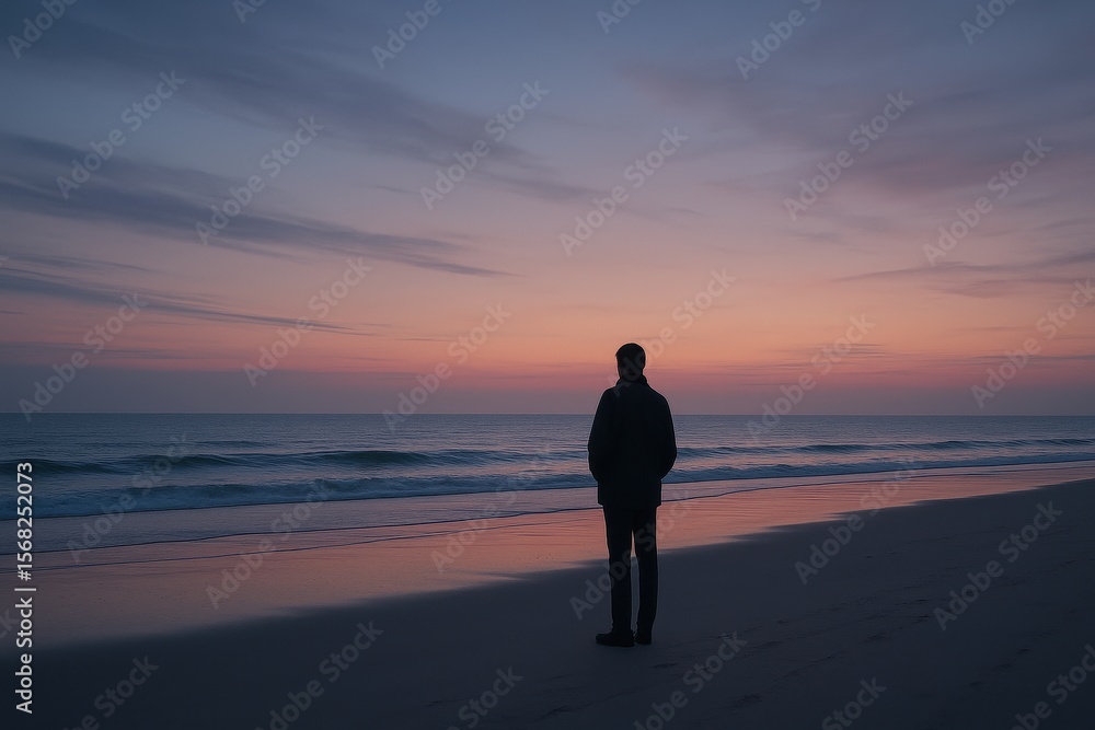 Fototapeta premium Lone person standing on beach at twilight gazing into ocean in peaceful introspective moment