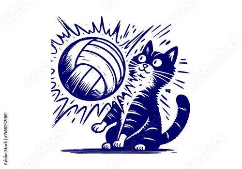 Cat Dog Playing Volleyball Hand Drawn Natural Illustration Stylized as Linocut Vector Isolated by AZ for Books, Arts, Design and Decoration Graphic Asset