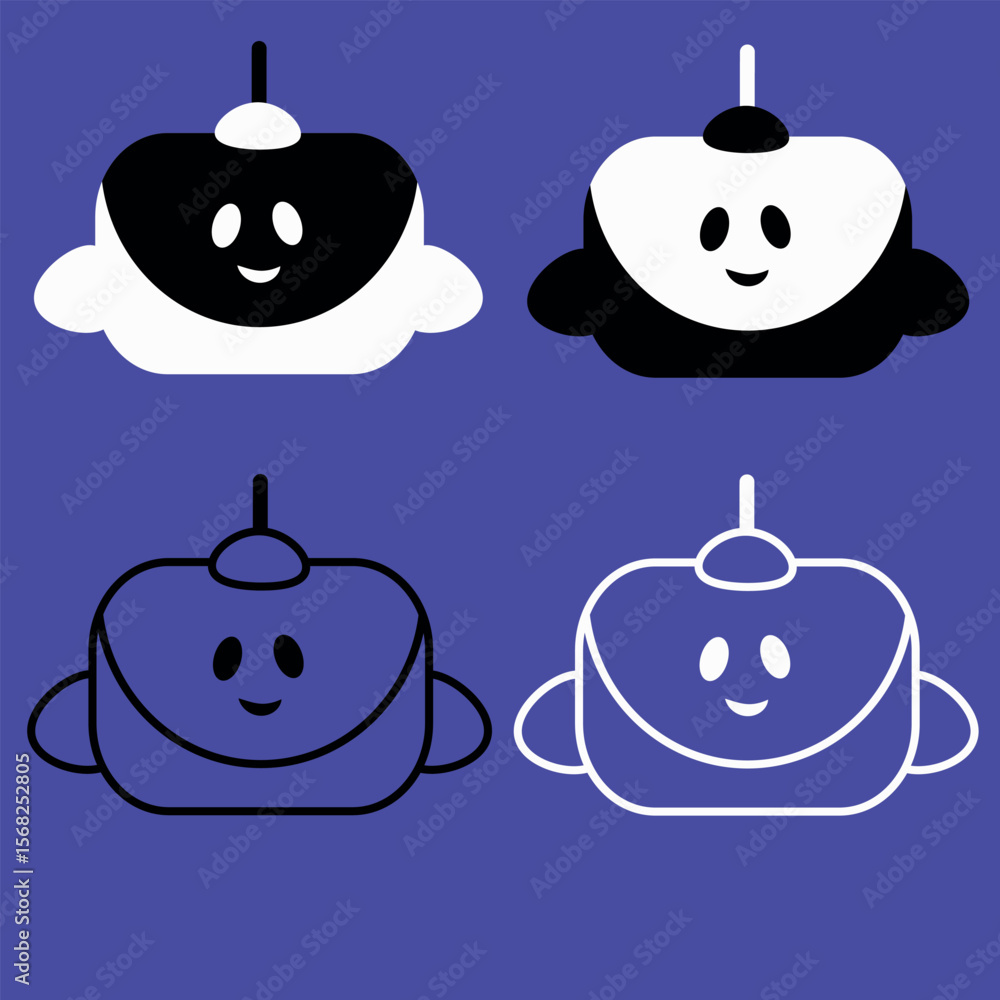 Obraz premium AI app icons, flat design, line art, chat bot illustration set, smiling robot assistant. Emoticons for internet sites and chats, machine intelligence, online assistant artificial intelligence