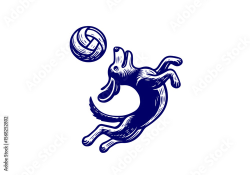 Cat Dog Playing Volleyball Hand Drawn Natural Illustration Stylized as Linocut Vector Isolated by AZ for Books, Arts, Design and Decoration Graphic Asset