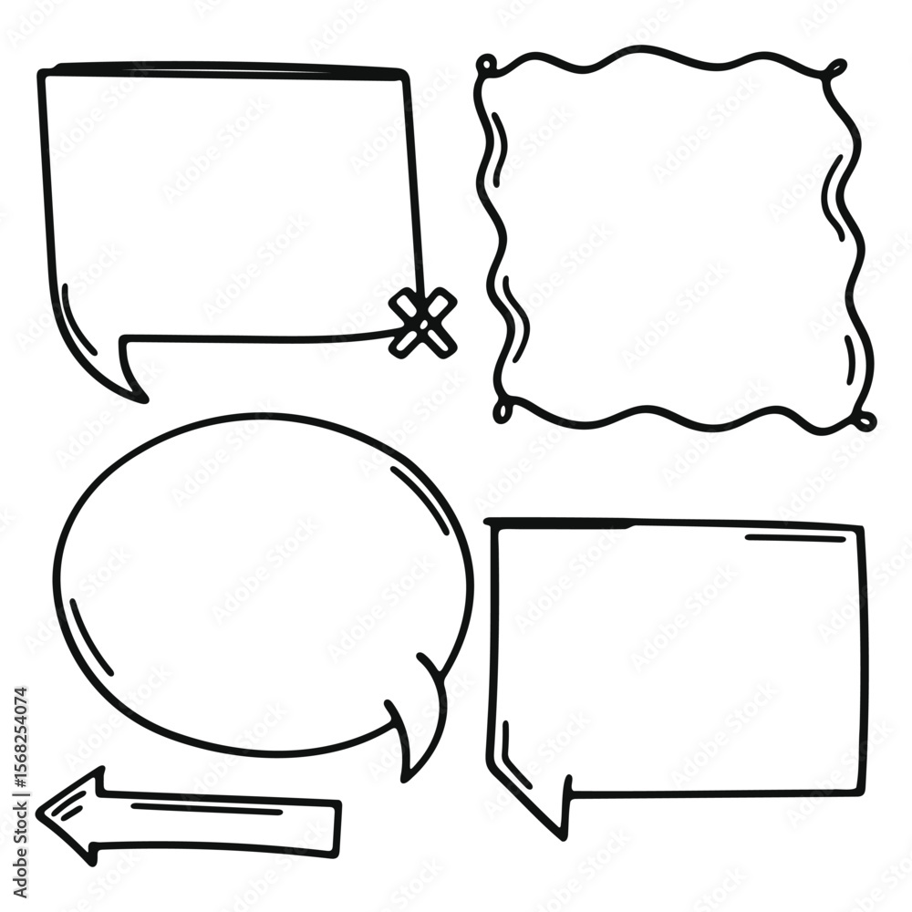 Fototapeta premium Hand drawn doodle speech bubble, square frame, and arrow elements collection.