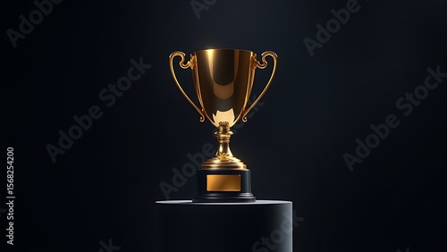 A gleaming gold trophy displayed on a pedestal, highlighted by dramatic studio lighting against darkness.
