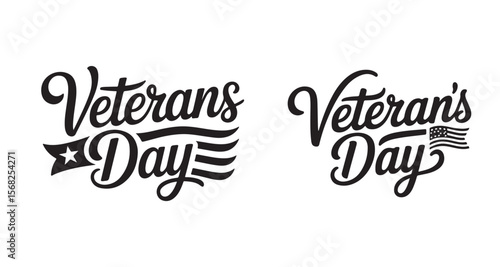 Elegant Veterans Day Logos with Script Lettering and Patriotic Emblems Featuring a Flag and Decorative Stripes