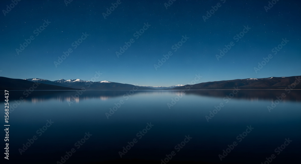 Fototapeta premium Majestic Lake, Distant Mountains, and Celestial Starry Sky Panorama