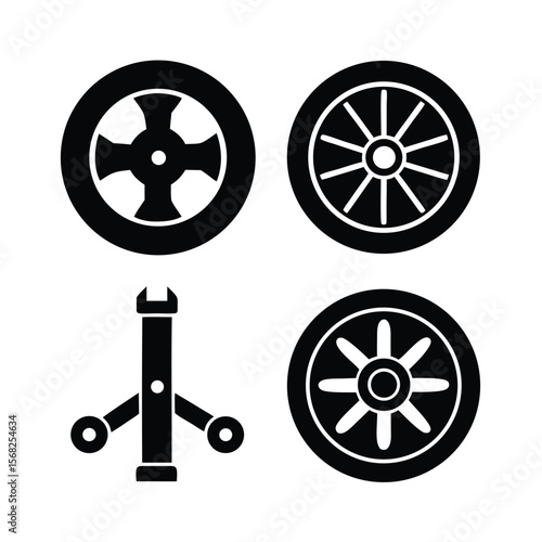 Black car wheel and jack icons wheel icon car jack