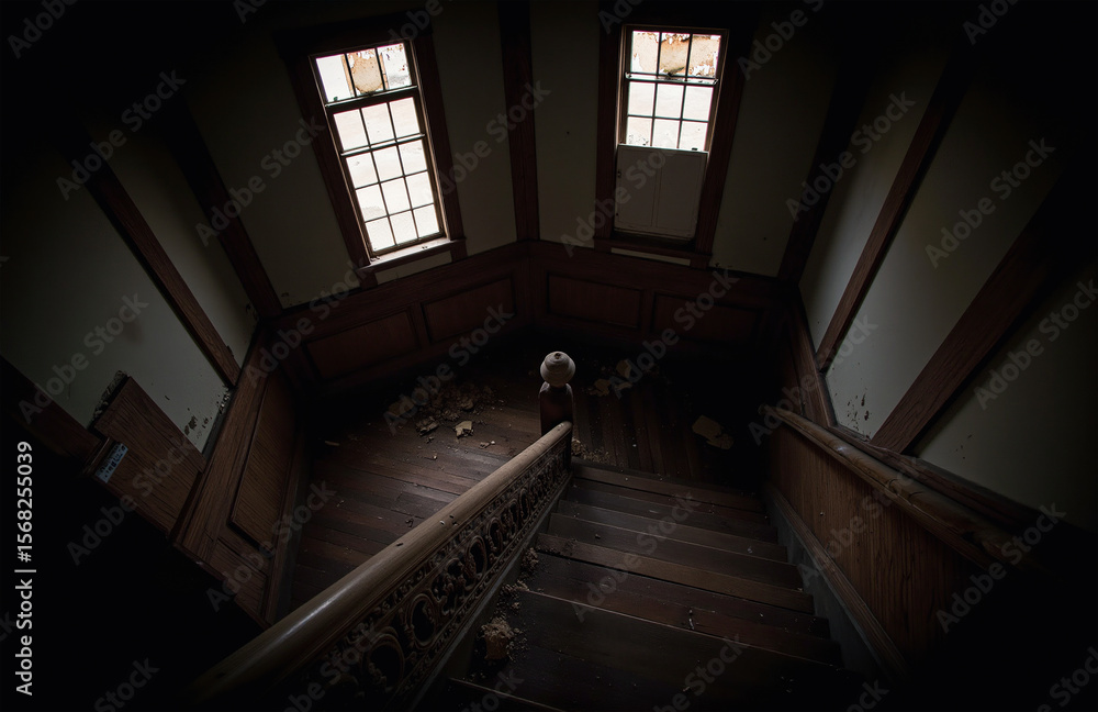 Obraz premium Dim spiral staircase with carved bannister in abandoned building.