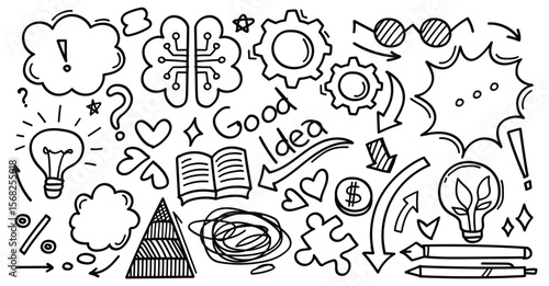 Hand drawn doodles about ideas thinking and knowledge and business.Vector illustration