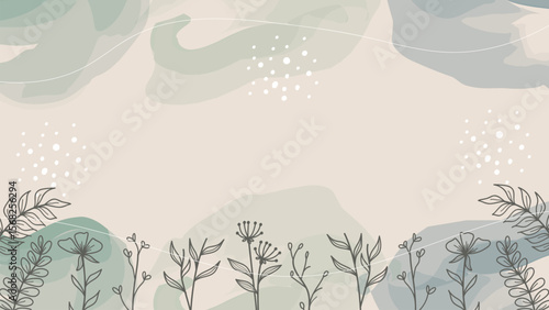 Pastel watercolor background with hand drawn floral and plant line art. Vector illustration