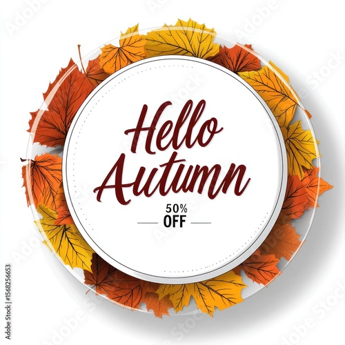 Autumn sale graphic. Circle frame of colorful leaves surrounds white circle with 