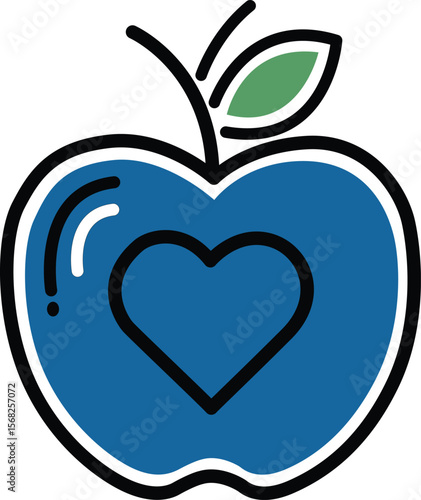 Blue apple with heart shape symbol in minimalist design.