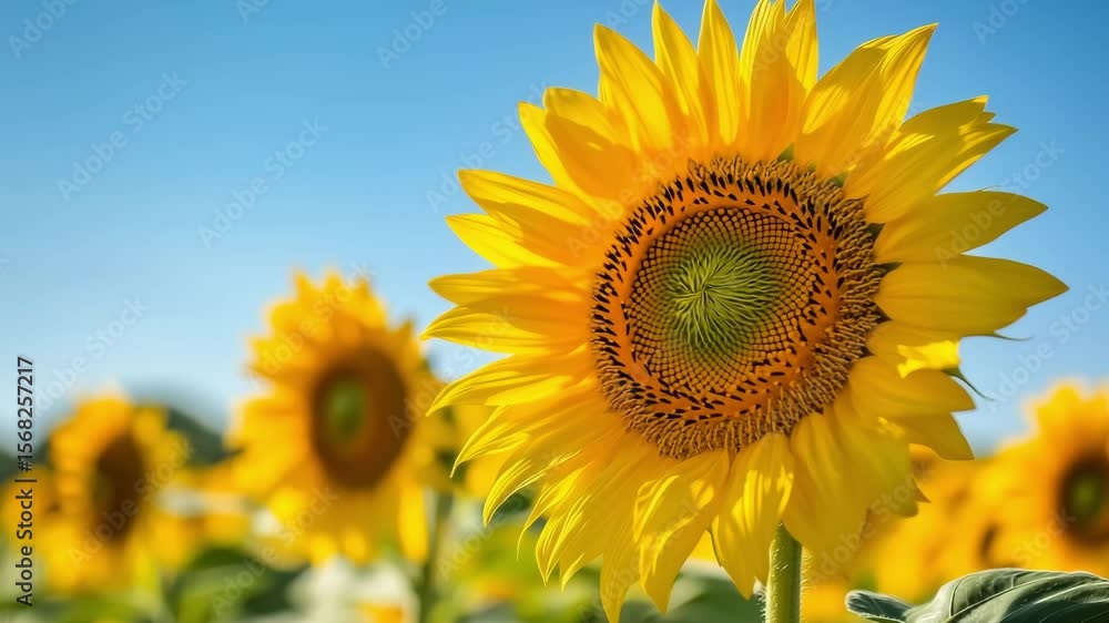Sunflowers stand tall in a vast field, showcasing their vibrant yellow petals under the clear summer sky Sunflowers stand tall in a vast field, showcasing their vibrant yellow petals under the clear summer sky