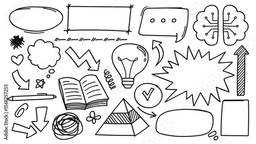 Collection of hand-drawn line art doodle elements, perfect for creative projects and conveying ideas.